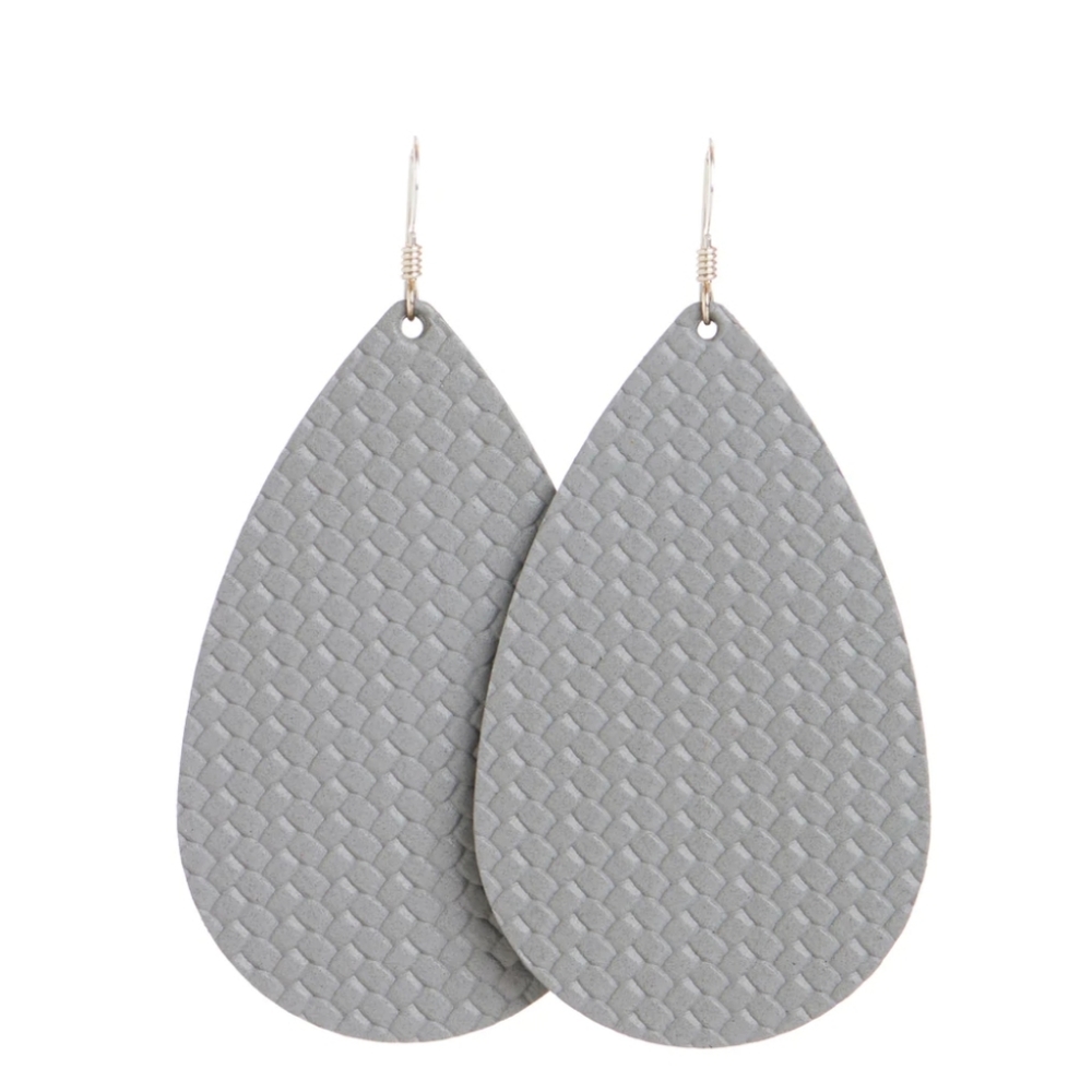 Nickel and Suede Large Teardrop Leather Earrings Slate Cardigan Gray